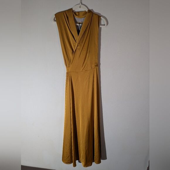 Tavrovska Mustard Yellow Gold Satin Genuine Wrap Maxi Dress Gown NWT - Picture 1 of 8